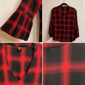 Red/Black Plaid Top, 3/4 Bell Sleeves